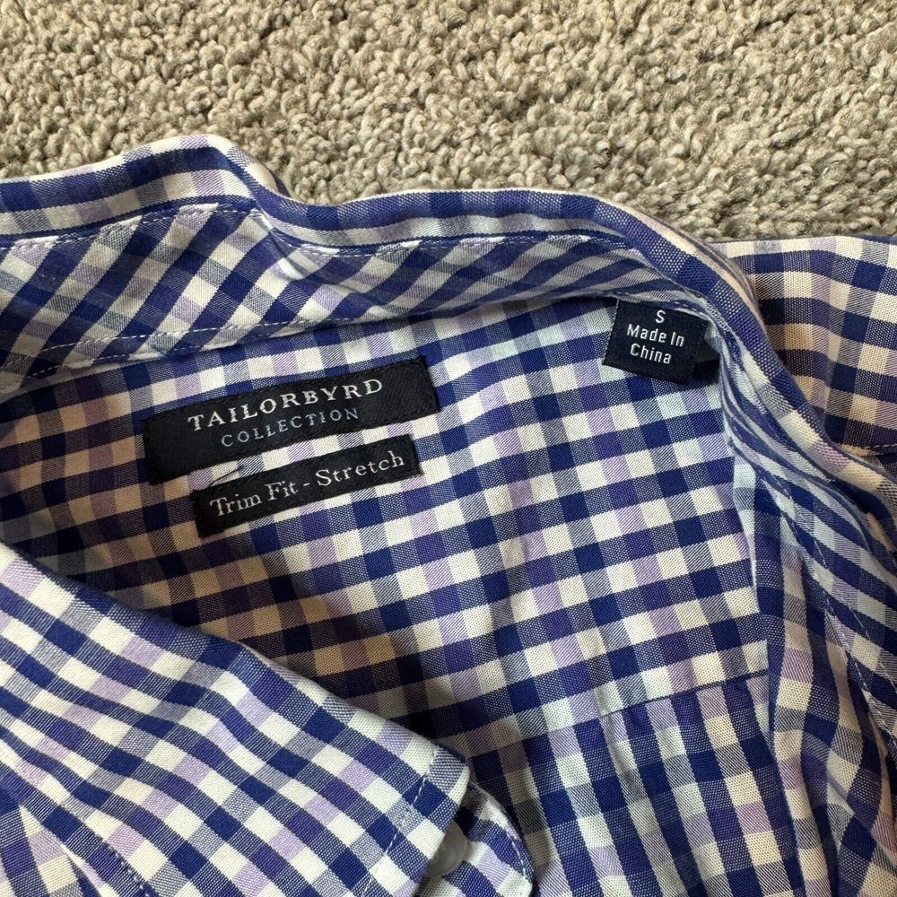 Tailorbyrd Collection Shirt Men Small Blue/Purple Plaid Trim Fit Stretch - Picture 4 of 7
